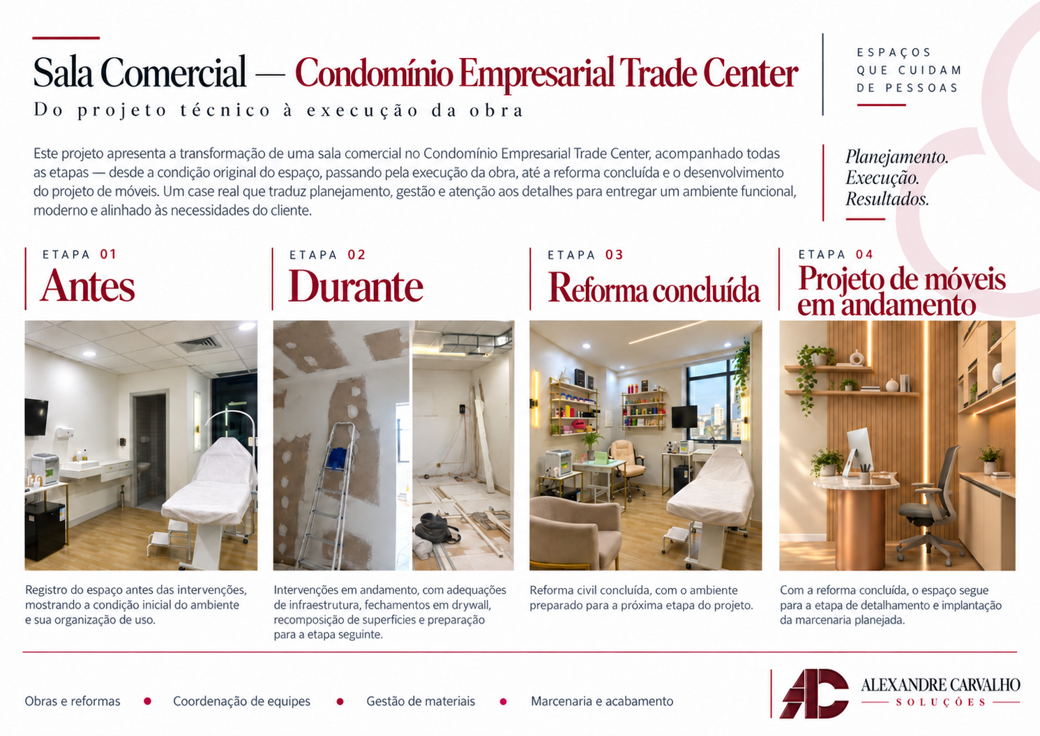 Sala Comercial — Condomínio Empresarial Trade Center: antes, durante, reforma concluída e proposta dos móveis